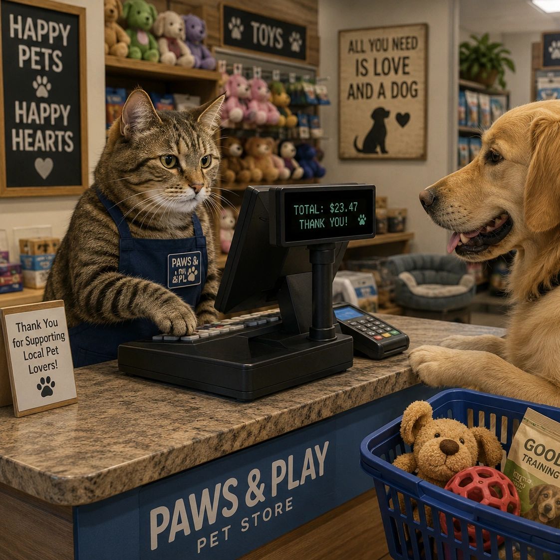 A cat cashier rings up a dog customer at a pet store checkout.