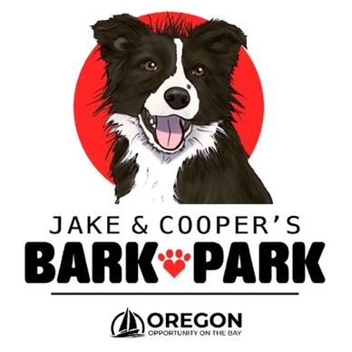 Logo of Jake &amp; Cooper's Bark Park with a happy dog and red circle.