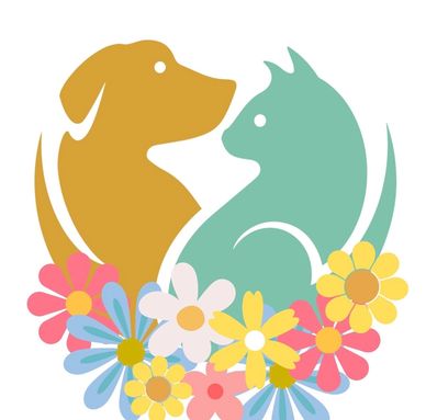 Stylized dog and cat silhouette with colorful flowers around.