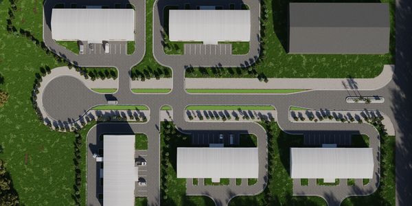 Aerial view of Eastgate Commerce Park warehouse buildings in Brunswick GA