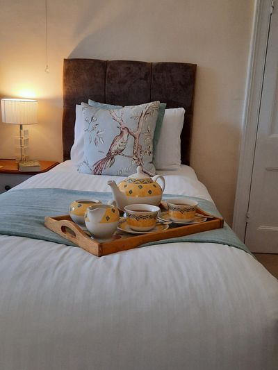 Sycamore bed as a twin with tea tray layed up on the end of the bed.
