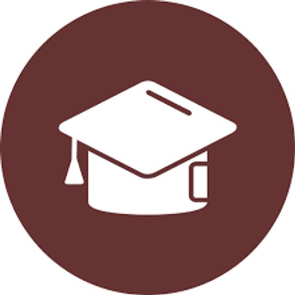 White graduation cap icon on a brown circular background.