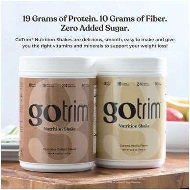 Two GoTrim nutrition shake containers with protein and fiber benefits.