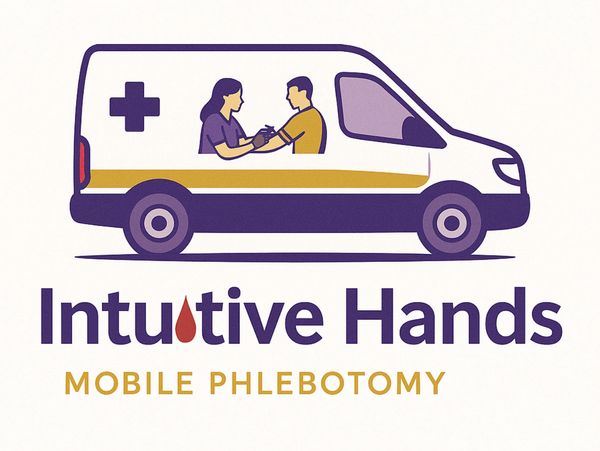 Logo of Intuitive Hands Mobile Phlebotomy with a van and a nurse drawing blood.