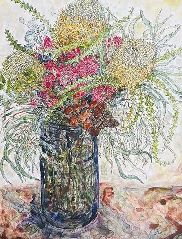 Intricate watercolor painting of a wildflower bouquet in a glass vase.