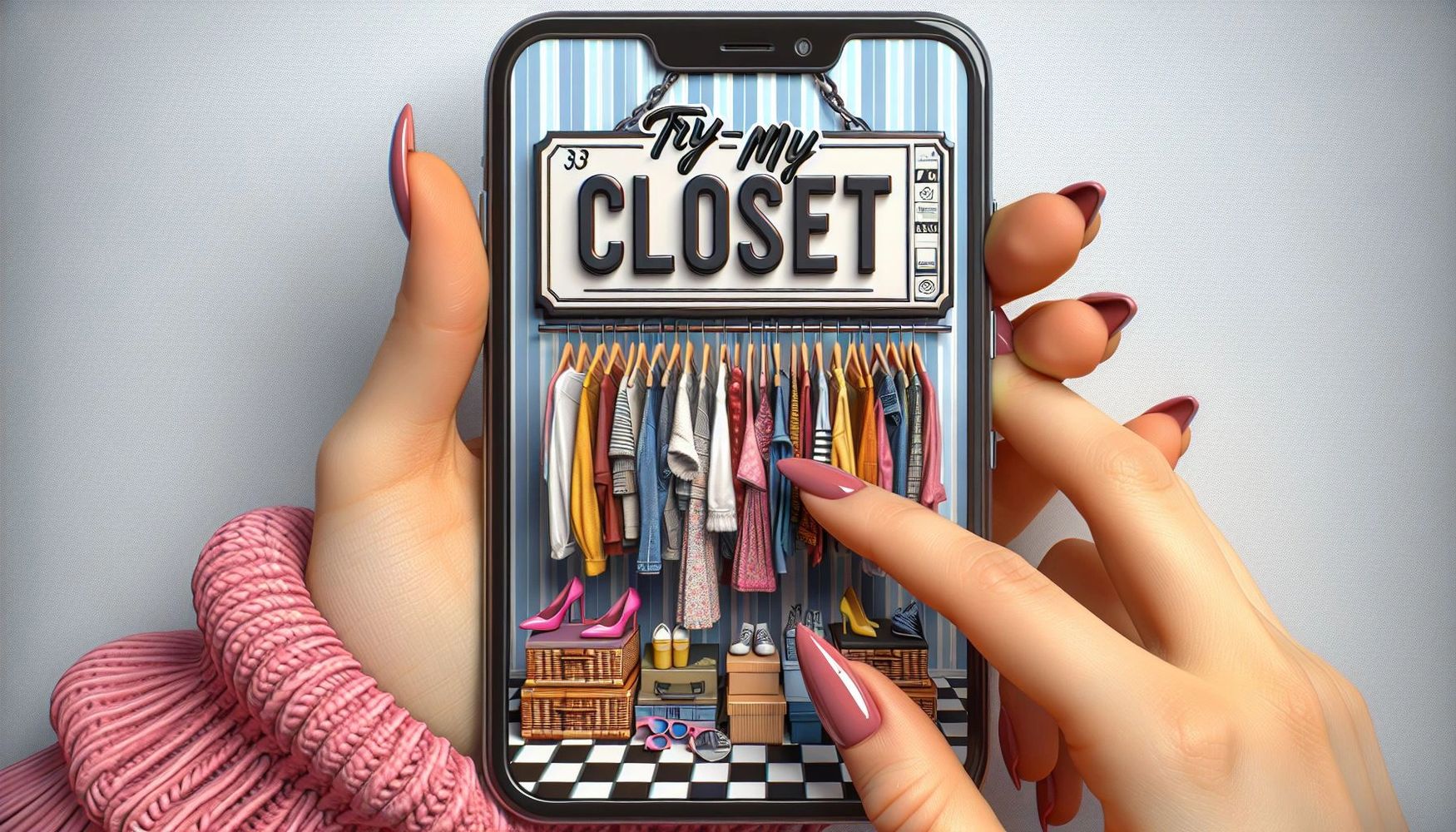 A woman's hand holding a smartphone featuring Try My Closet's online boutique on the screen. 