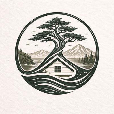 Artistic circular design blending a house, tree, mountains, and water.