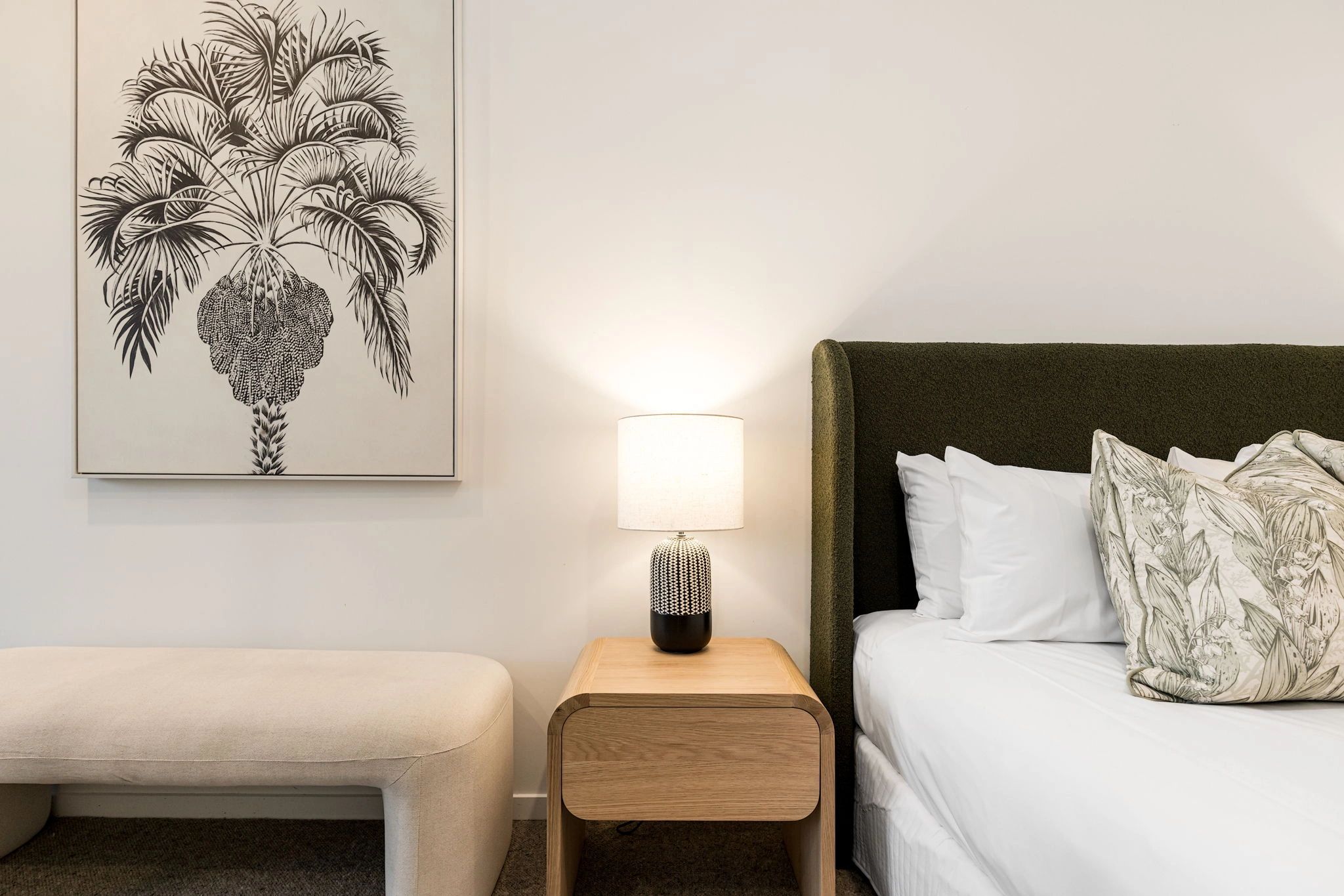 Bedroom at Aurelia with soft linen and filtered light