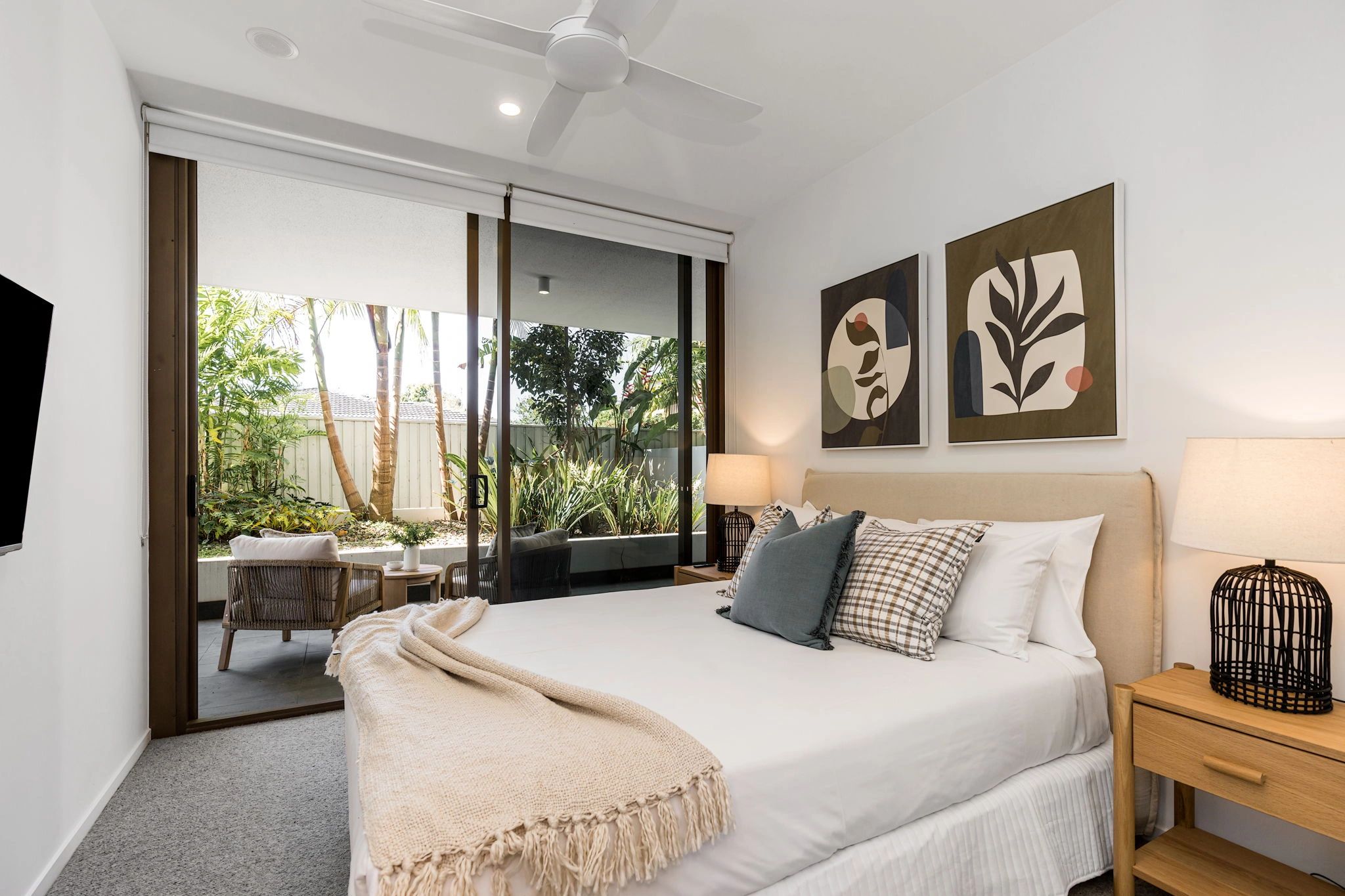 Bedroom at Aurelia with calm, neutral furnishings