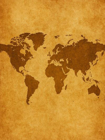 Vintage-style world map with a textured brown background.