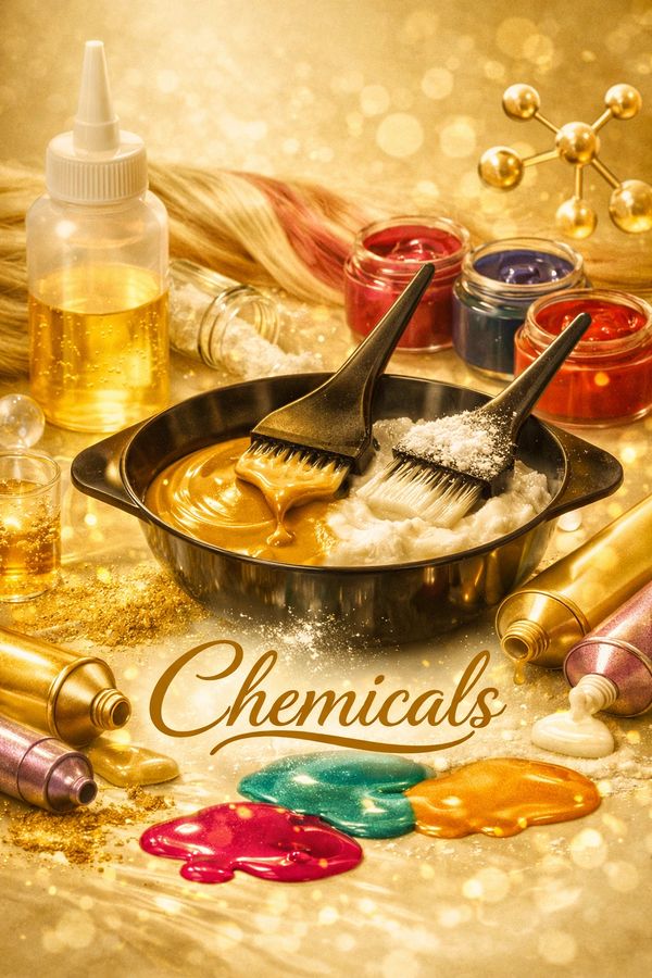 Hair dye chemicals and brushes with vibrant colors on a golden background.