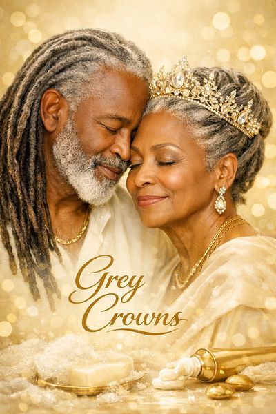 Elegant elderly couple with grey hair, a crown, and warm smiles against a golden bokeh background.
