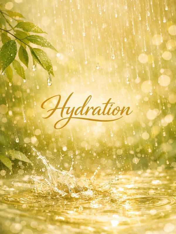 Raindrops falling on leaves with the word 'Hydration' in elegant script.