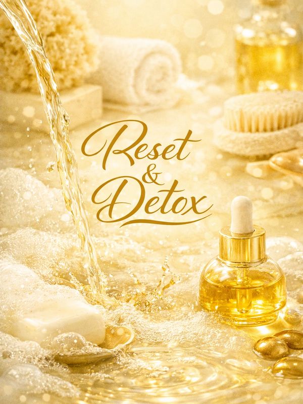 Golden spa essentials with flowing water and a Reset &amp; Detox message.