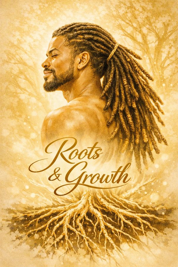 A man with long dreadlocks and roots extending below, symbolizing growth.