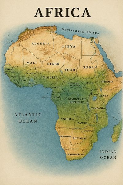 Vintage map of Africa showing country borders and major bodies of water.