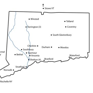 Map showing towns and cities in Connecticut with some labeled and numbered.