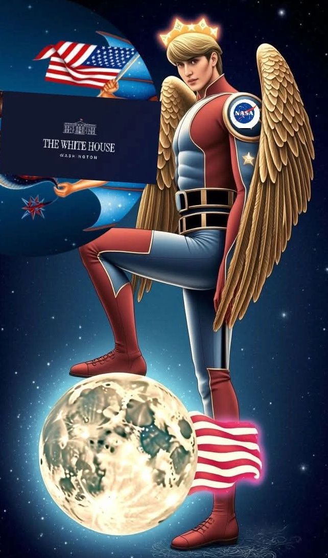 Heroic figure with wings, NASA badge, and American symbols stands on the moon.