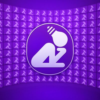 Purple room filled with repeating icons of a person with a lightbulb head thinking.