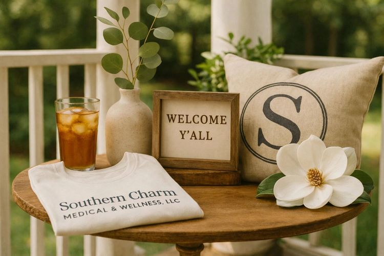 Cozy southern-themed table with welcome sign, iced tea, and floral decor.