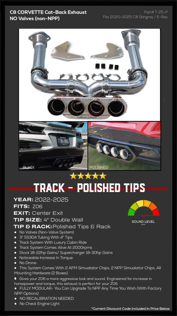 Z06 corvette track system with polished tips and rack