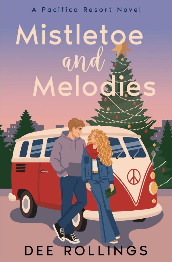 Romantic holiday scene with couple and vintage van.