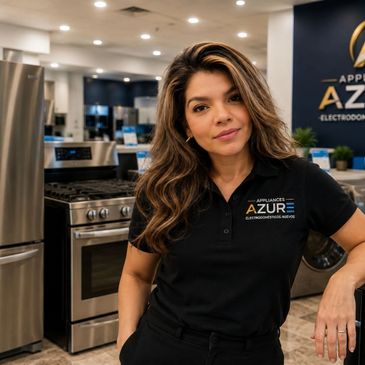 Woman in black shirt posing confidently in an appliance store.