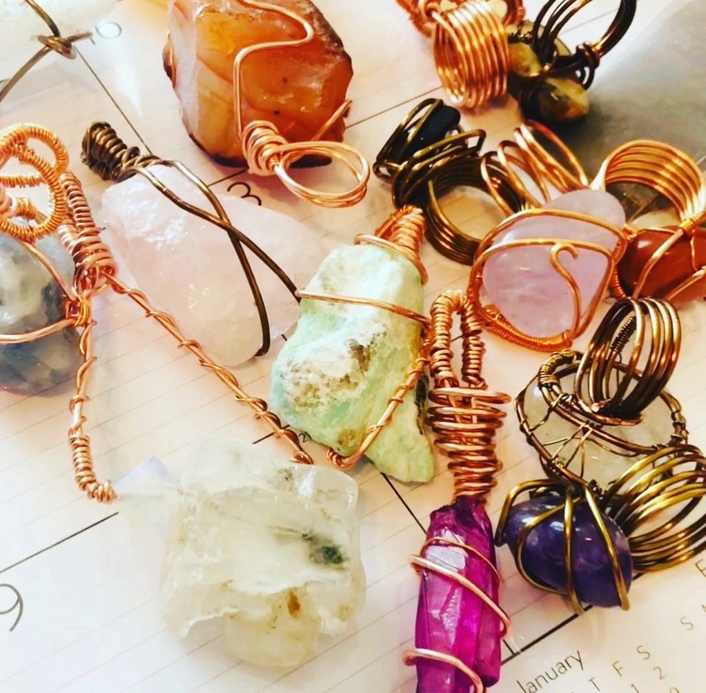 Copper wrapped crystals, pendants & rings