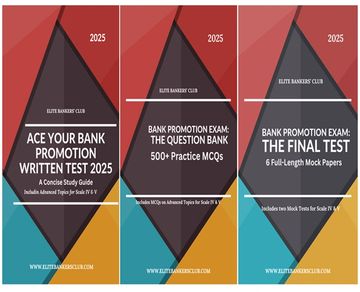 Three book covers for 2025 bank promotion exam preparation by Elite Bankers' Club.