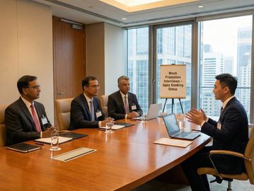 A man is interviewed by three professionals in a corporate office for a mock promotion.