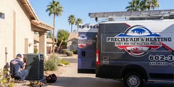 Precise Air & Heating tech repairing an AC at a home in Mesa, AZ with branded service vans onsite.