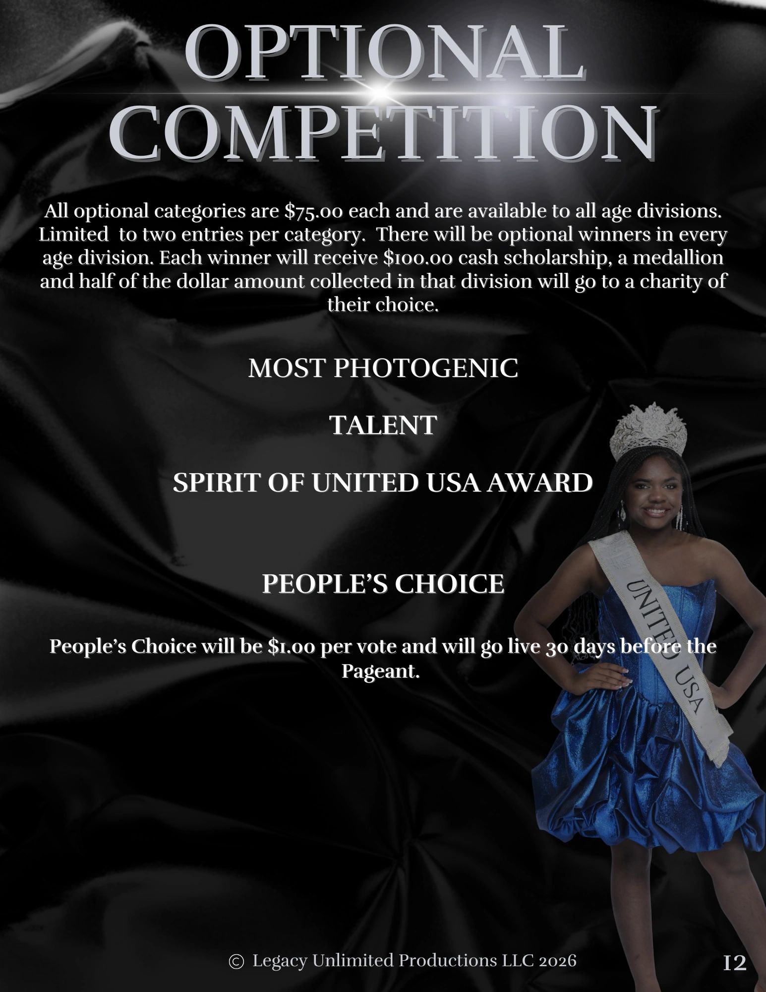 Details about optional competition and awards in a pageant.
