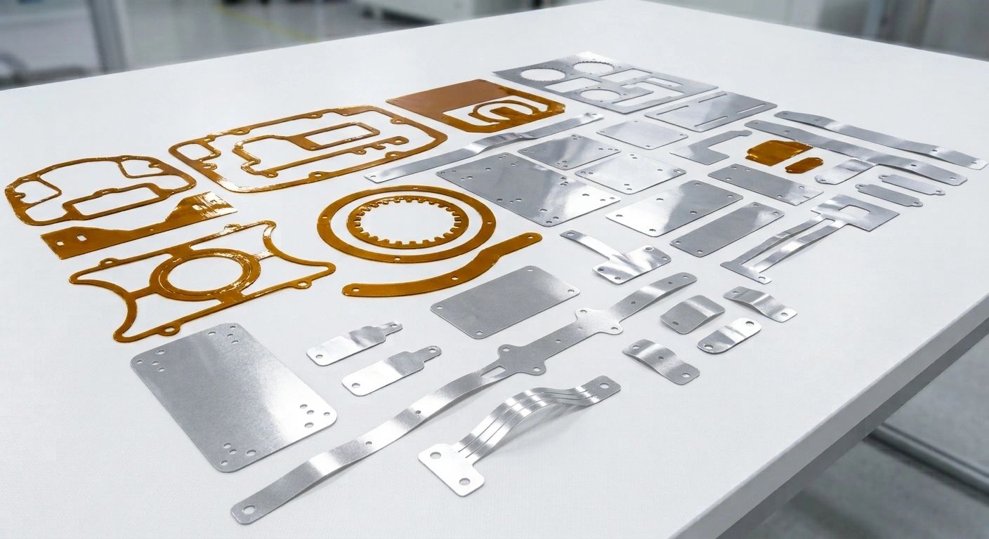 Array of metal and brown plastic components on white table.