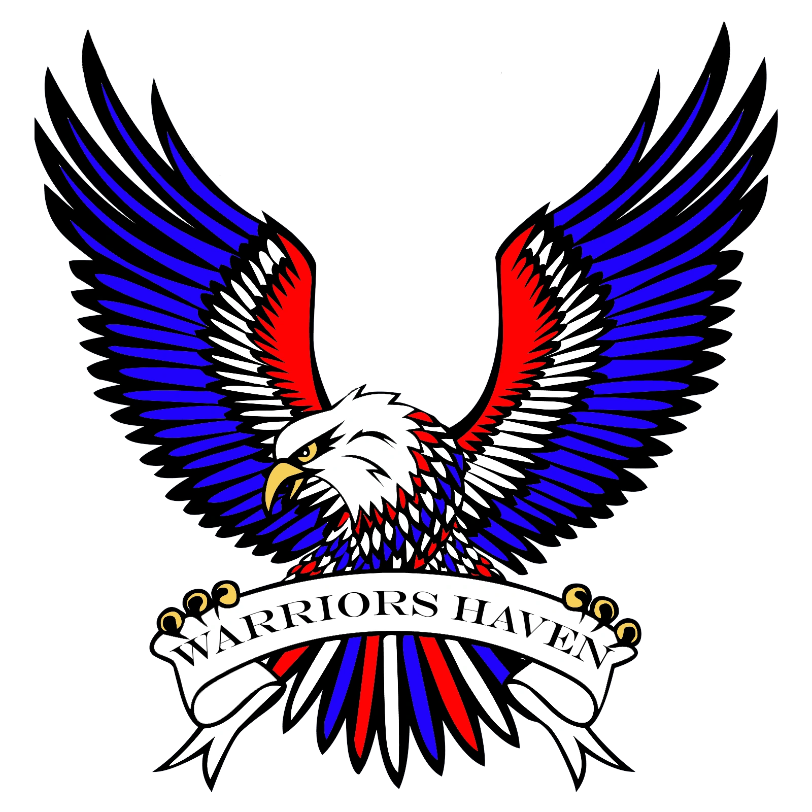 Eagle holding banner that reads "Warriors Haven." Logo for nonprofit organization serving veterans