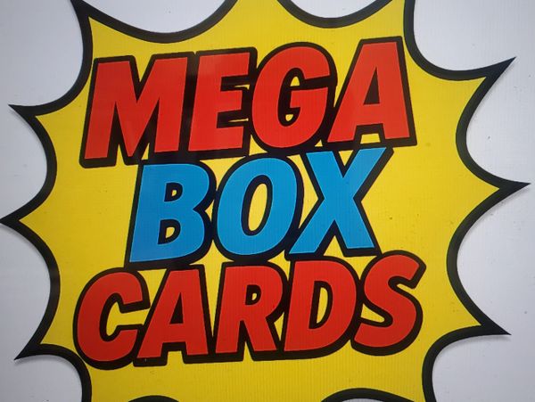 Bright sign saying 'MEGA BOX CARDS' in bold colors.