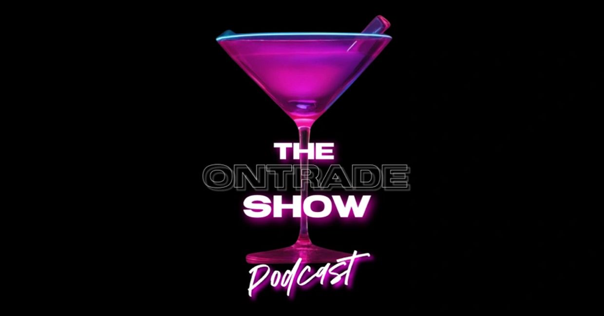 Neon pink cocktail glass with 'The Ontrade Show Podcast' text on black background.