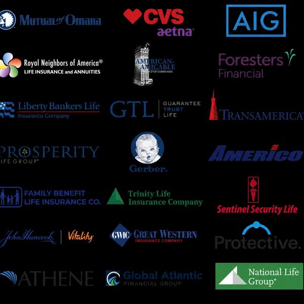 Collection of various insurance and financial company logos on a black background.