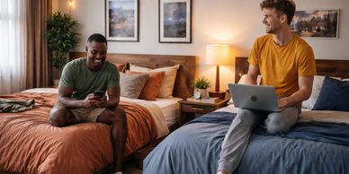 Two men smiling and using devices while sitting on separate beds in a cozy room.