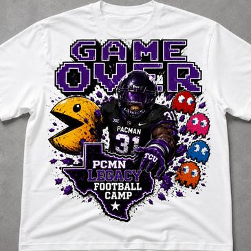 White T-shirt with Pac-Man and football player design for PCMN Legacy Camp.