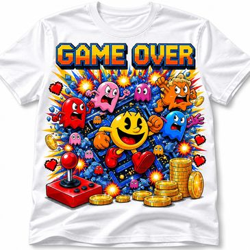 Colorful Pac-Man themed graphic with "Game Over" text on a white T-shirt.