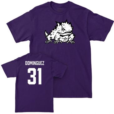 Purple sports T-shirt with a fierce creature logo and "DOMINGUEZ 31" on the back.