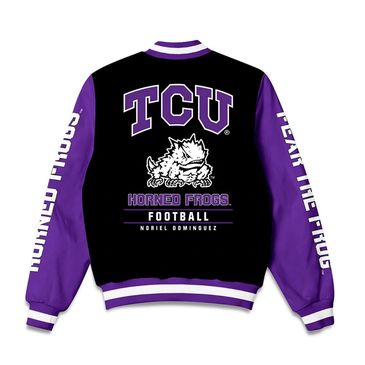 Black and purple TCU Horned Frogs football jacket with mascot and text.