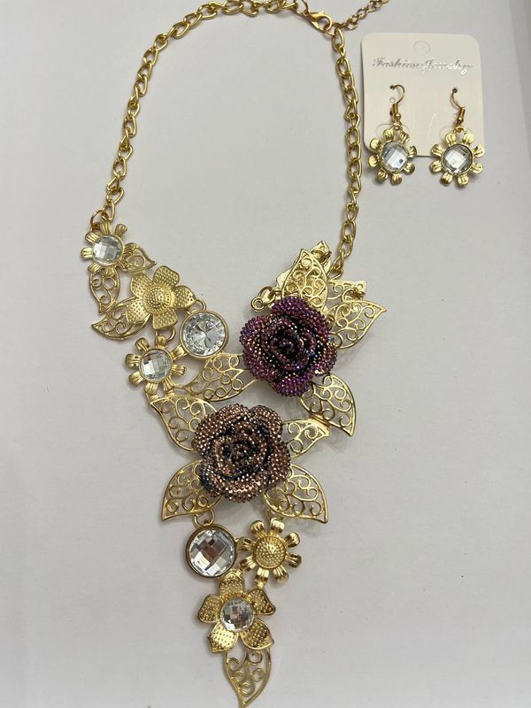 Flower Rose, Gold Statement Necklace + Earrings Jewelry Set