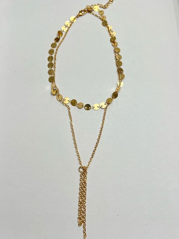 Multi Strand Necklace Gold Tone Disc Double Chain Layered.