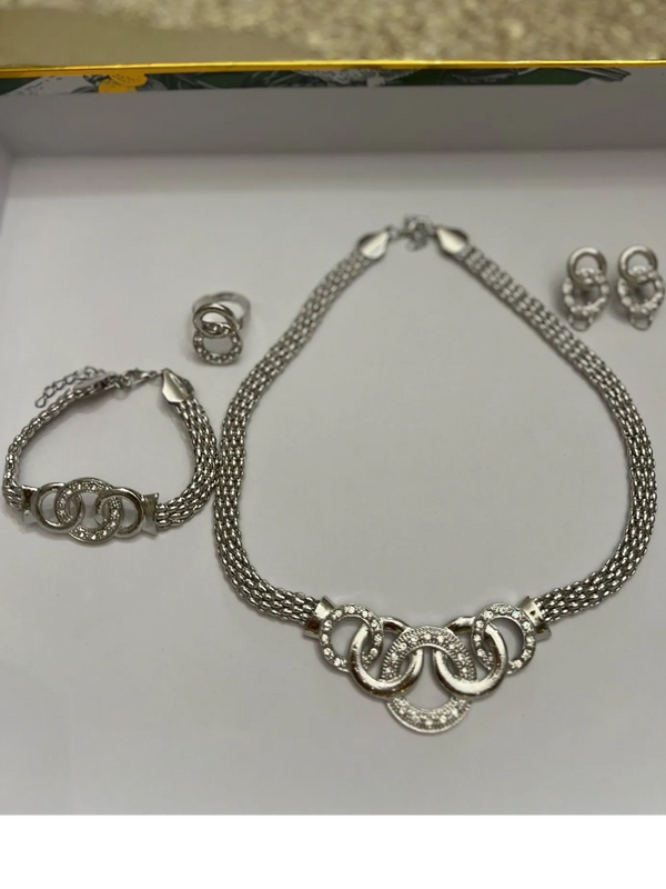 Silver toned Interlocking jewelry set (Necklace, bracelet, earrings and ring)