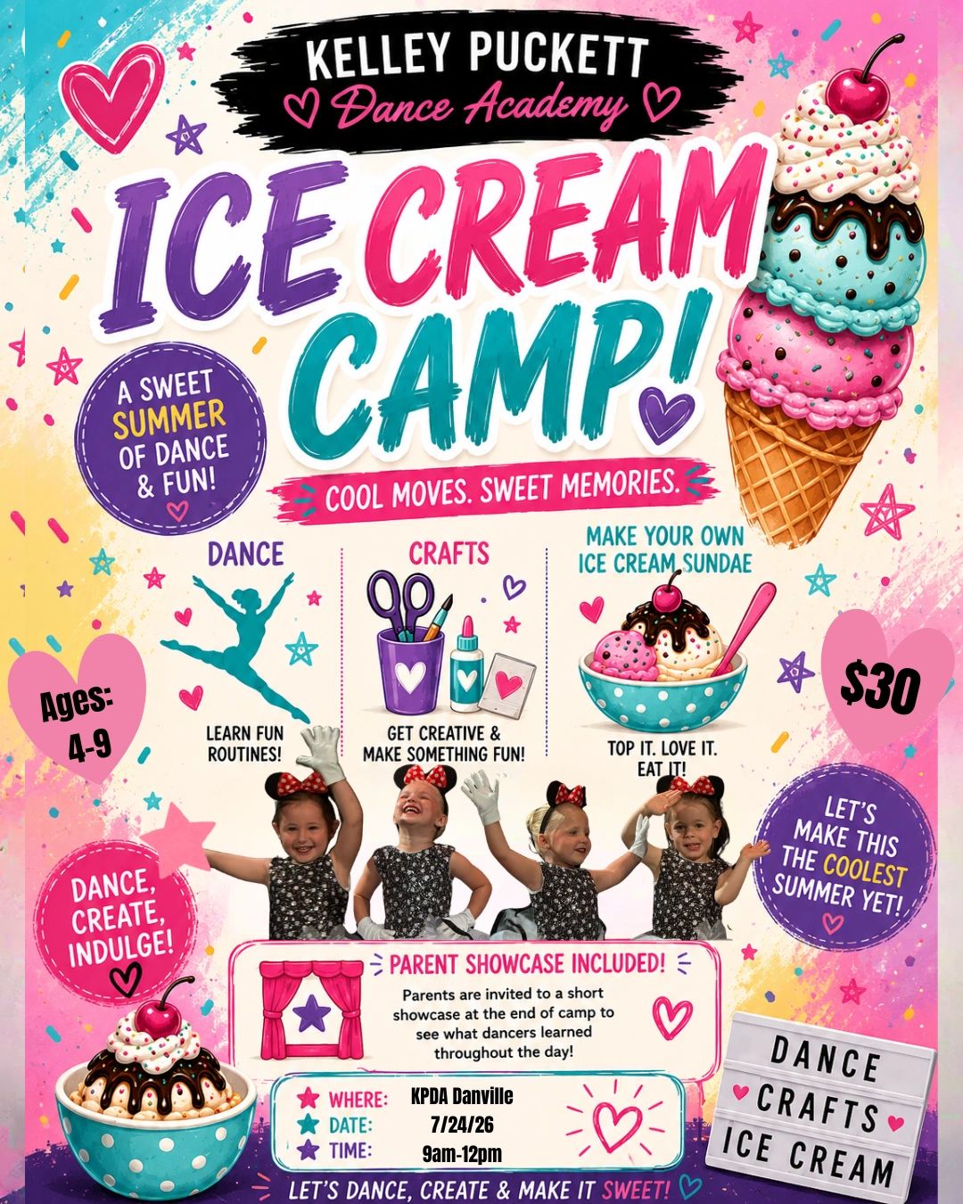 Colorful flyer for Kelley Puckett Dance Academy Ice Cream Camp for kids aged 4-9.