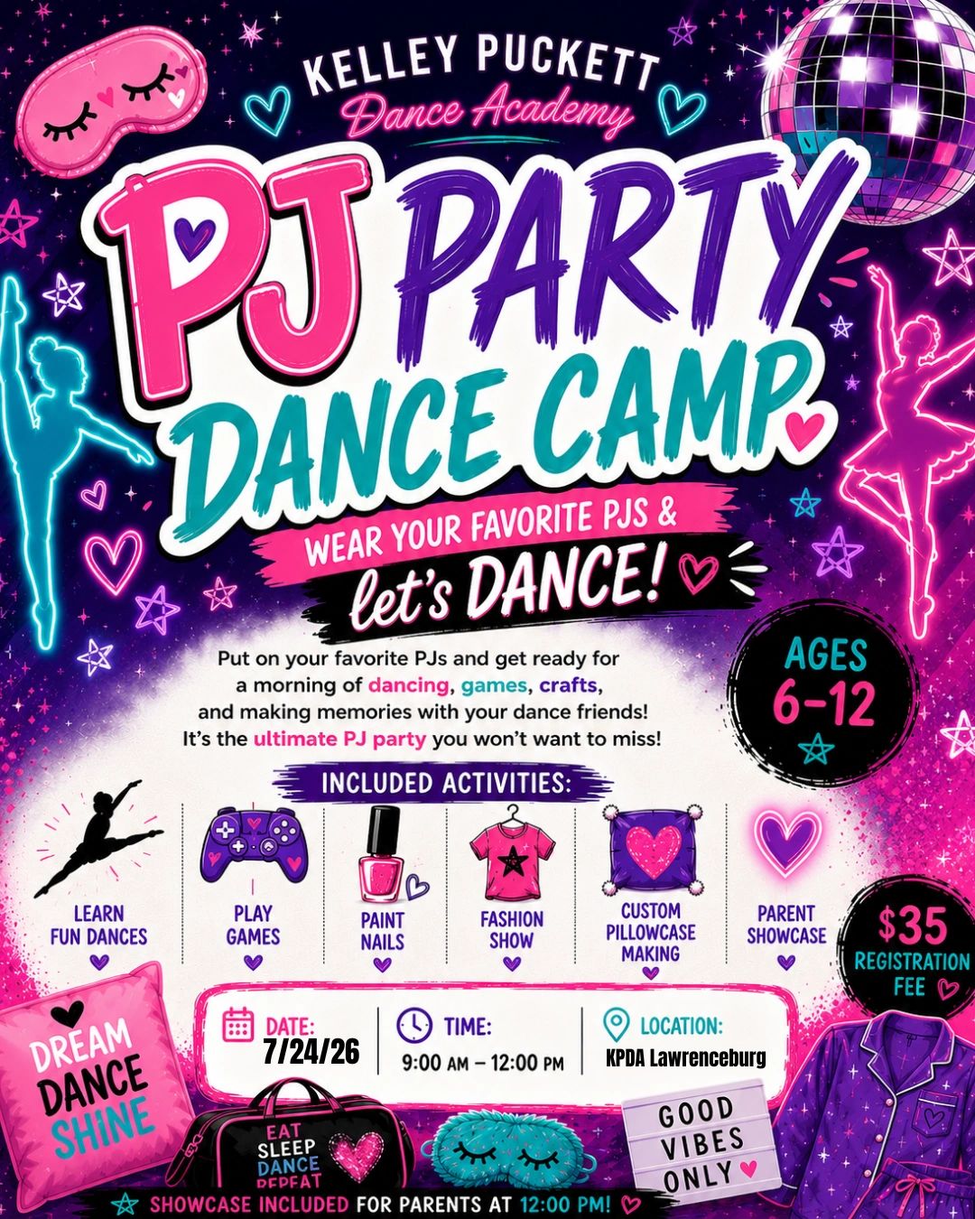Colorful PJ Party Dance Camp flyer for kids aged 6-12 with fun activities and a parent showcase.