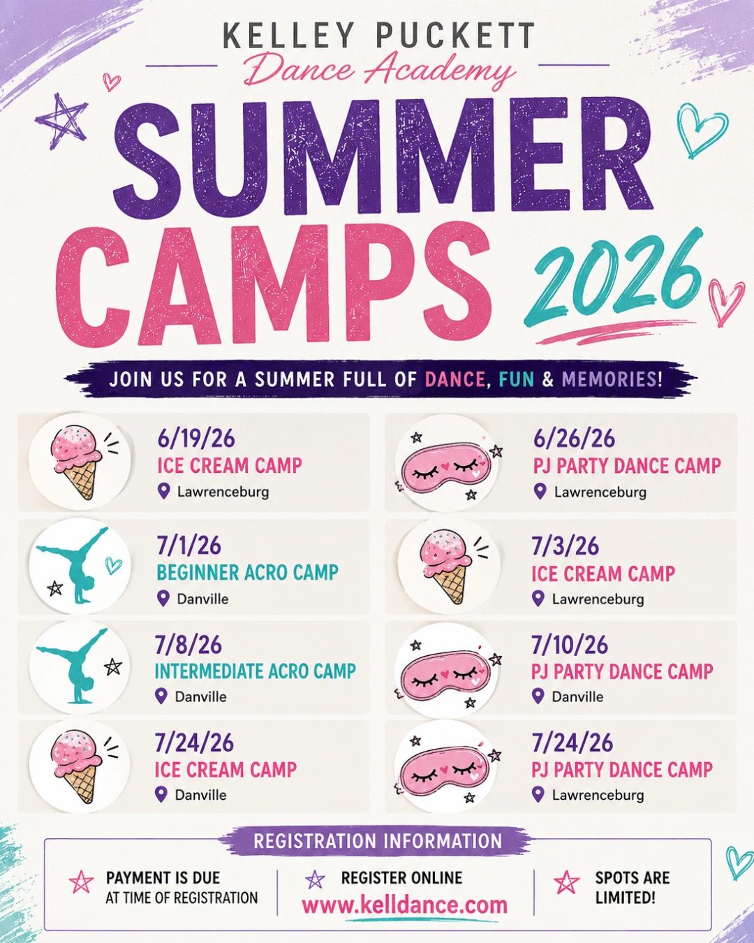 Kelley Puckett Dance Academy Summer Camps 2026 schedule with fun dance-themed activities.