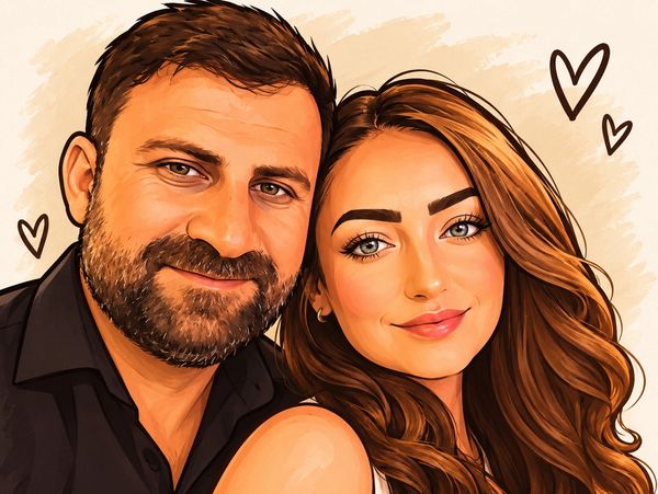 A smiling couple portrait with heart doodles.