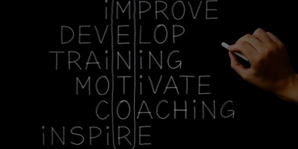 Hand writing leadership and development words on a blackboard with chalk.